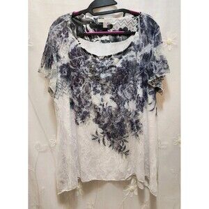ROZ & ALI WOMENS 2X WHITE LACE BLOUSE FAIRY Y2K SHEER LAYER OMBRE DARK FLORAL